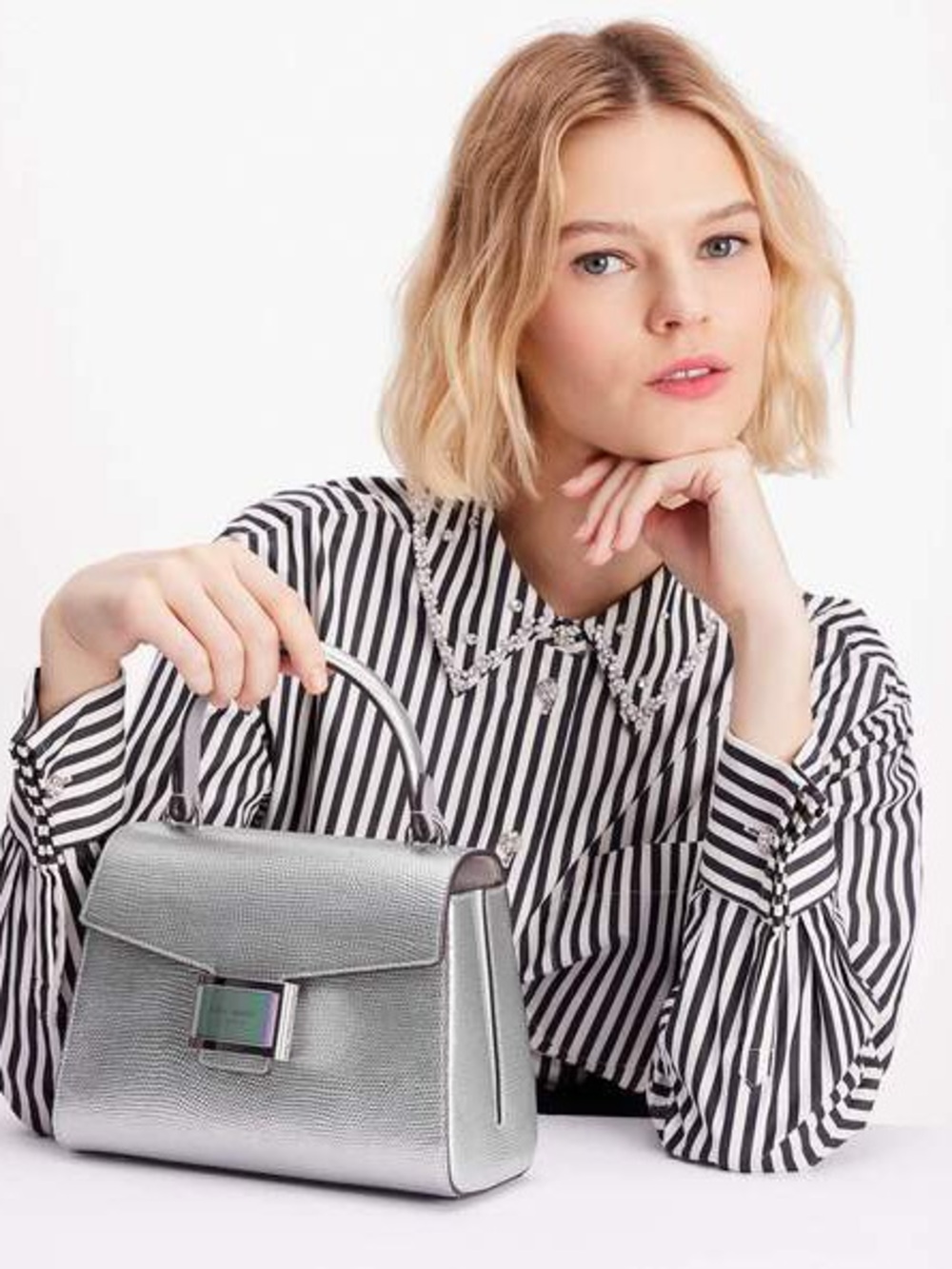 NWT Kate Spade Katy Lizard Embossed Silver Top-Handle Bag